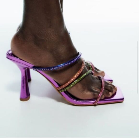 Zara Multicolor metallic purple Strappy women’s colorful Heels size us 8 NWT fun - Picture 4 of 16